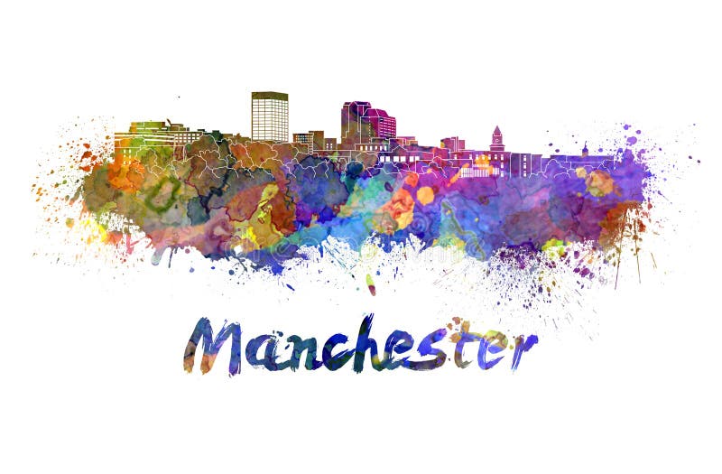 Manchester NH skyline in watercolor splatters with clipping path. Manchester NH skyline in watercolor splatters with clipping path