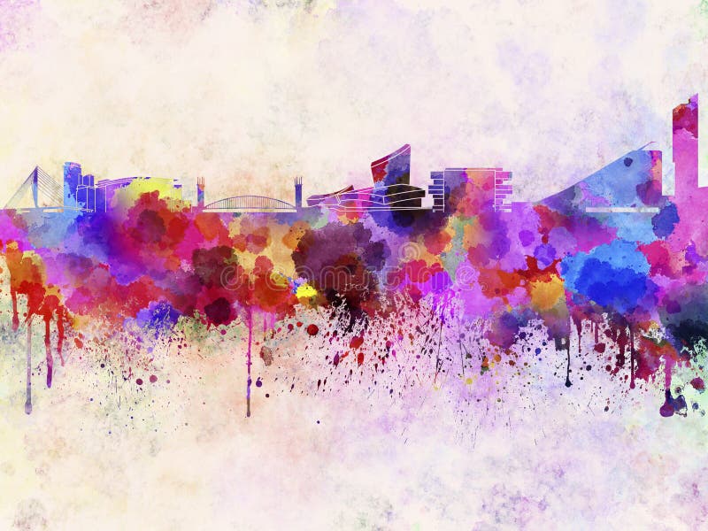 Manchester skyline in watercolor background stock illustration