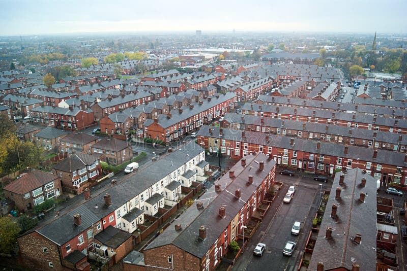 Terraced houses in the Manchester suburb of Gorton.  A view from above.