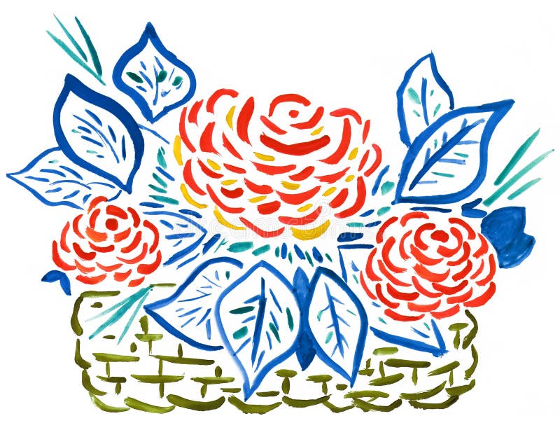 Mand van rode rozen - handtekening vector illustratie Mand van rode rozen - handtekening vector illustratie
