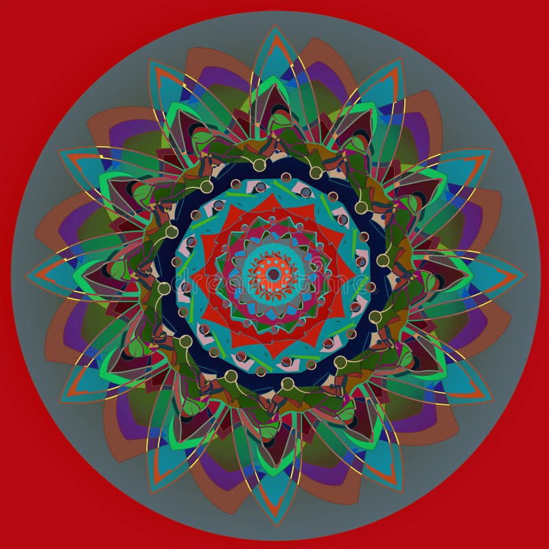 Sunflower dahlia flower mandala, plane red background. Vintage image. dark pallet stock illustration