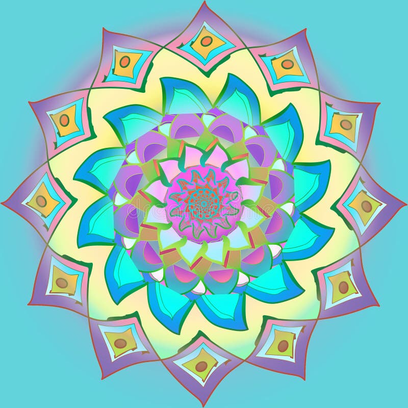 Daisy flower mandala, in pastel colors pallet, plane turquoise background, vintage image royalty free illustration