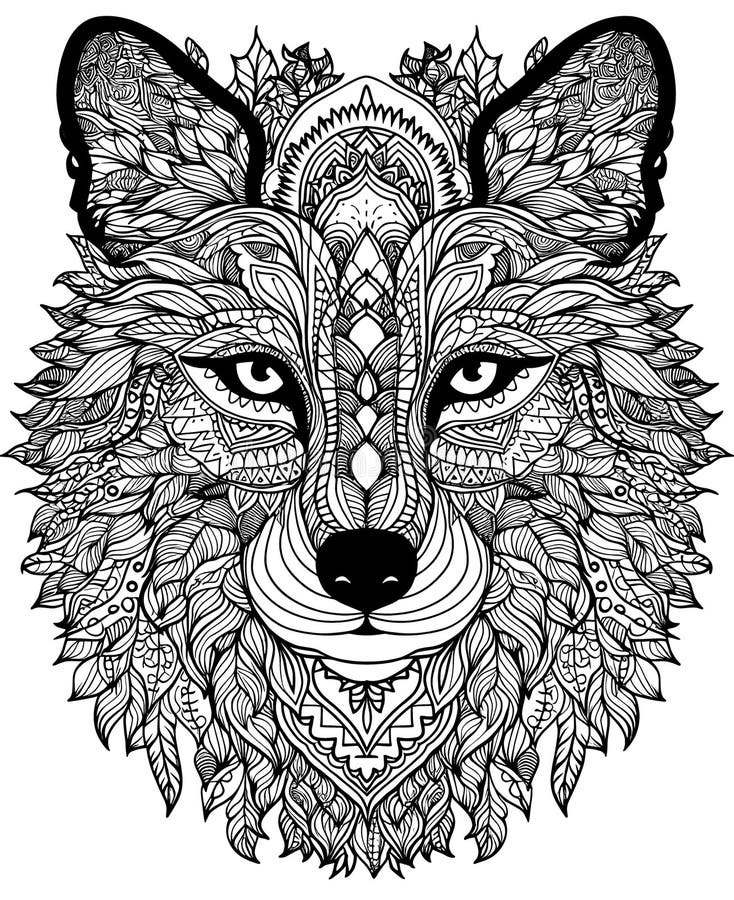 Mandala, Black and White Illustration for Coloring Animals, Wolf. Stock ...