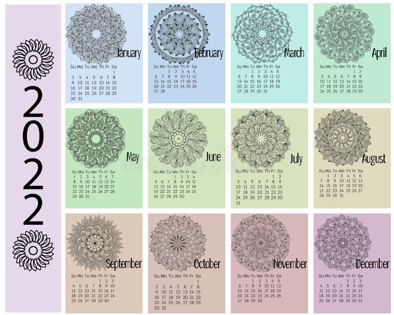 Mandala calendar 2022 week начинается с воскресного планера или плаката месячных карточек в нежных тонах с украшенными мандалами иллюстрация вектора