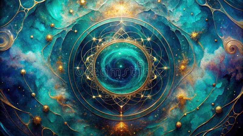 Mandala celeste un vortice cosmico all'interno di una cornice d'oro ornata circondata da nebulose e particelle scintillanti. royalty illustrazione gratis
