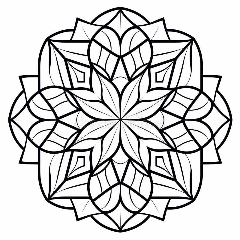 Translucent Mandala Coloring Pages With Bold Black Lines And Ornamental Details. a mandala coloring page featuring a nonagon as the main subject. the image is self-contained within the border, allowing for easy coloring. with no signature, text, shading, or shadows, the illustration provides ample white space. the simple patterns exhibit central symmetry and homogeneity, creating a visually pleasing design. ai generated