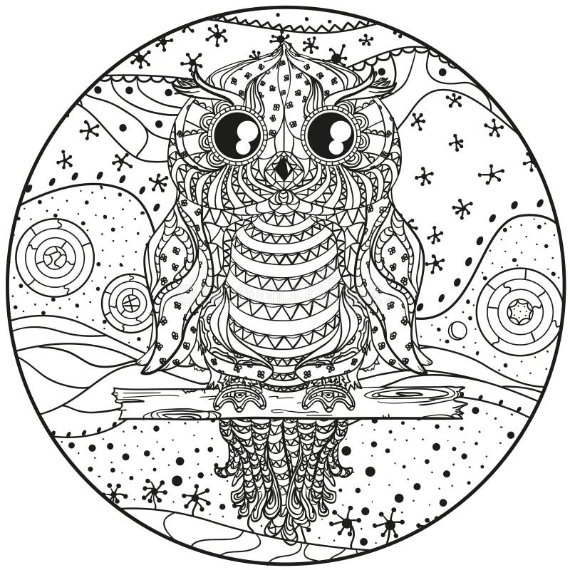 Mandala Com Coruja Zentangle Do Projeto Ilustração do Vetor