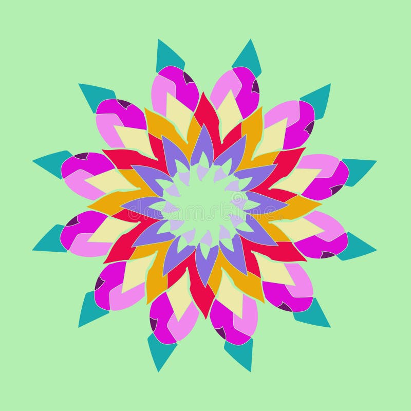 Mandala de fleur de Lotus FOND BLEU VERT SIMPLE FLEUR LINÉAIRE CENTRALE DANS VIOLET, POURPRE, ROUGE, BEIGE, ORANGE, VERT illustration stock Mandala de fleur de Lotus FOND BLEU VERT SIMPLE FLEUR LINÉAIRE CENTRALE DANS VIOLET, POURPRE, ROUGE, BEIGE, ORANGE, VERT illustration stock