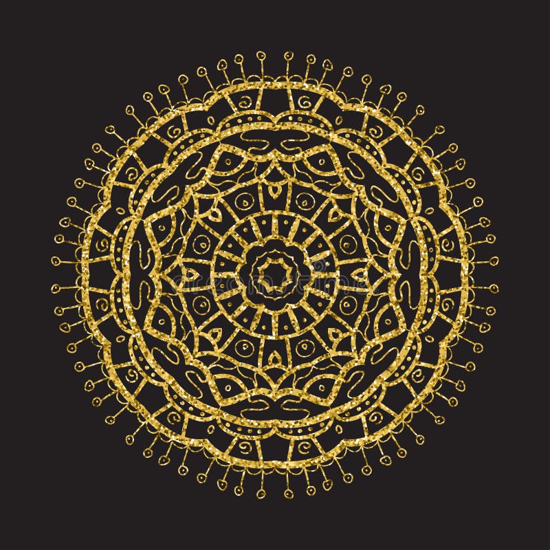Mandala del brillo del oro del vintage, marco del círculo en negro stock de ilustración Mandala del brillo del oro del vintage, marco del círculo en negro stock de ilustración