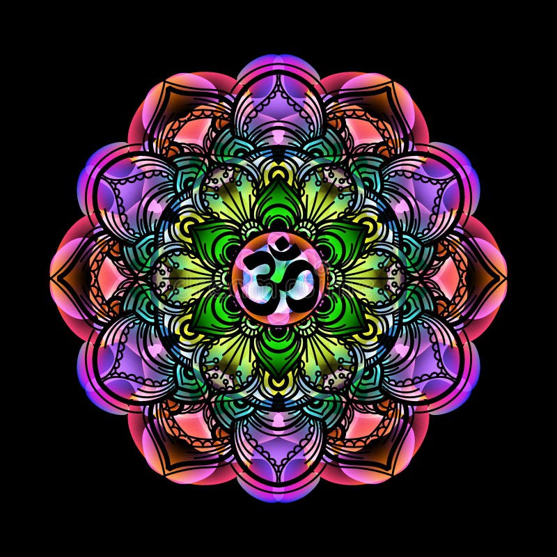 Mandala - circle decorative spiritual indian symbol with OM sign of lotus flower to multi-color psychedelic colors and black background. Mandala - circle decorative spiritual indian symbol with OM sign of lotus flower to multi-color psychedelic colors and black background