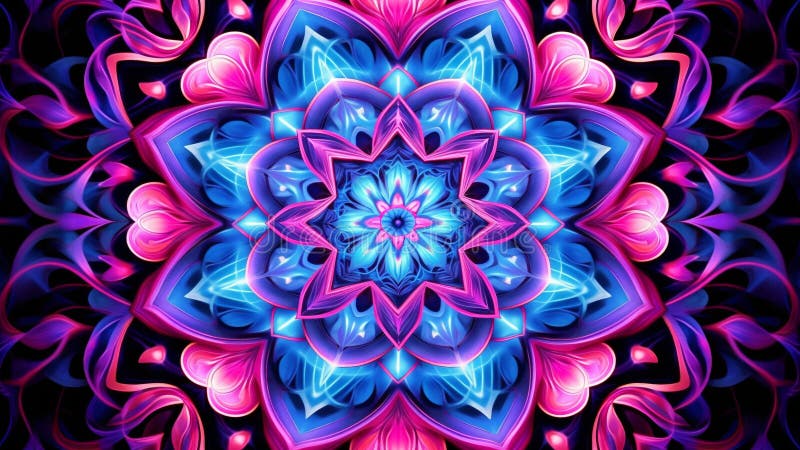Model abstract azic de azbest și fuchsia kaleidoscopic mandala. Tiparele de mandală, kaleidoscopice, în nuanțele de azure și fuchsia uimitoare. ridicați estetica designului cu această mandală caleidoscopică unică, care oferă un echilibru perfect între liniaritate și transparență