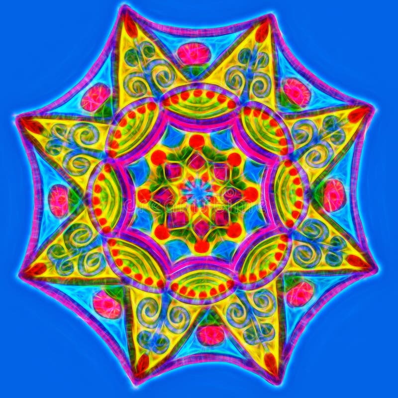 Mandala que brilla intensamente dibujada mano en un fondo azul stock de ilustración Mandala que brilla intensamente dibujada mano en un fondo azul stock de ilustración