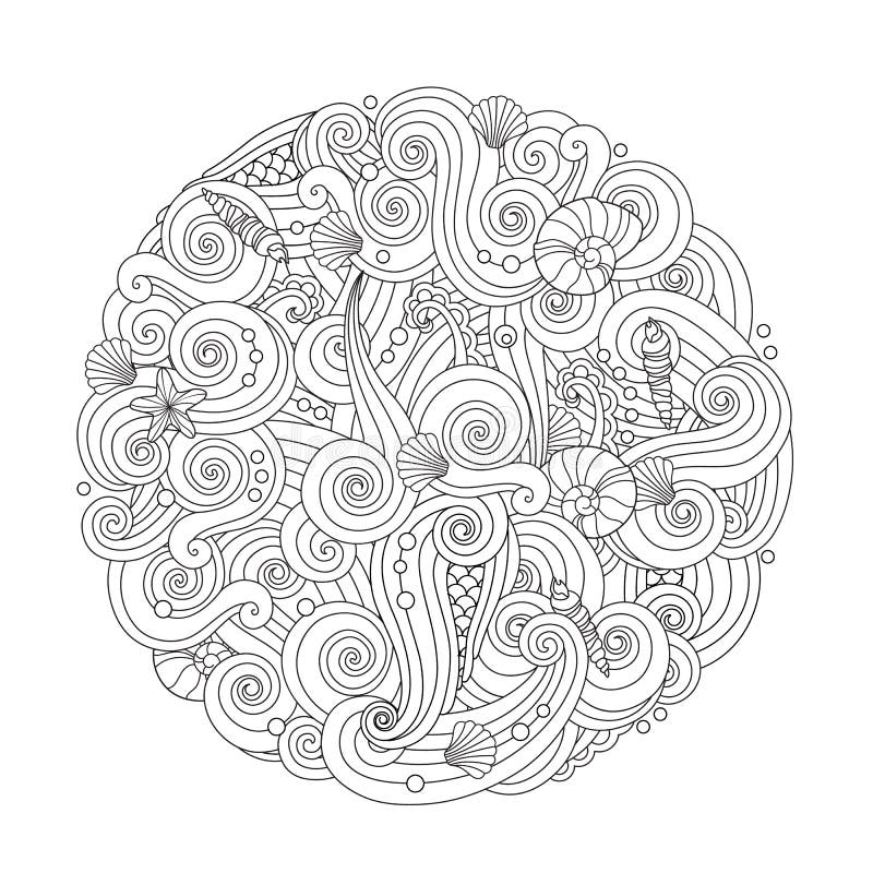 Mandala redonda abstracta de la onda del mar con los rizos, remolinos, pelos, cáscaras del mar aisladas en el fondo blanco stock de ilustración Mandala redonda abstracta de la onda del mar con los rizos, remolinos, pelos, cáscaras del mar aisladas en el fondo blanco stock de ilustración