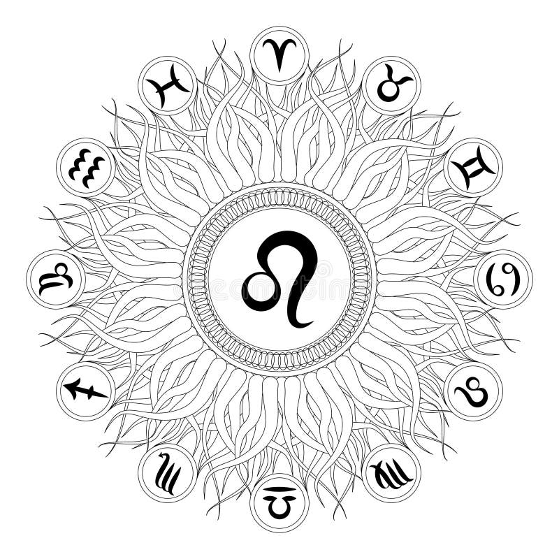 illustration stock mandala rond noir et blanc avec le symbole de zodiaque de lion livre de coloriage adulte image