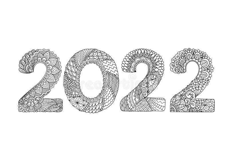Mandala искусства 2022 счастливый новый год для раскраски книжной раскраски страницы гравировки бумага вырез и так далее. векторна иллюстрация вектора