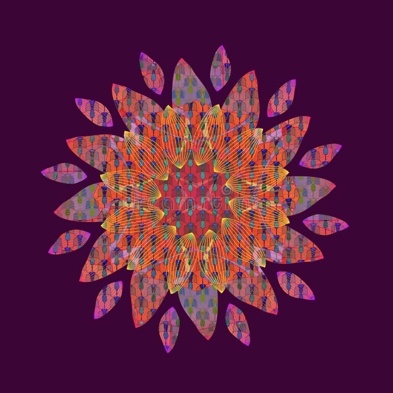 Mandalablomma VANLIG VIOLETT BAKGRUND LINJÄR CENTRAL DESIGN BLOMMA I GULING, FUCHSIA, APELSIN, TURKOS tappning f?r stil f?r illus royaltyfri illustrationer Mandalablomma VANLIG VIOLETT BAKGRUND LINJÄR CENTRAL DESIGN BLOMMA I GULING, FUCHSIA, APELSIN, TURKOS tappning f?r stil f?r illus royaltyfri illustrationer