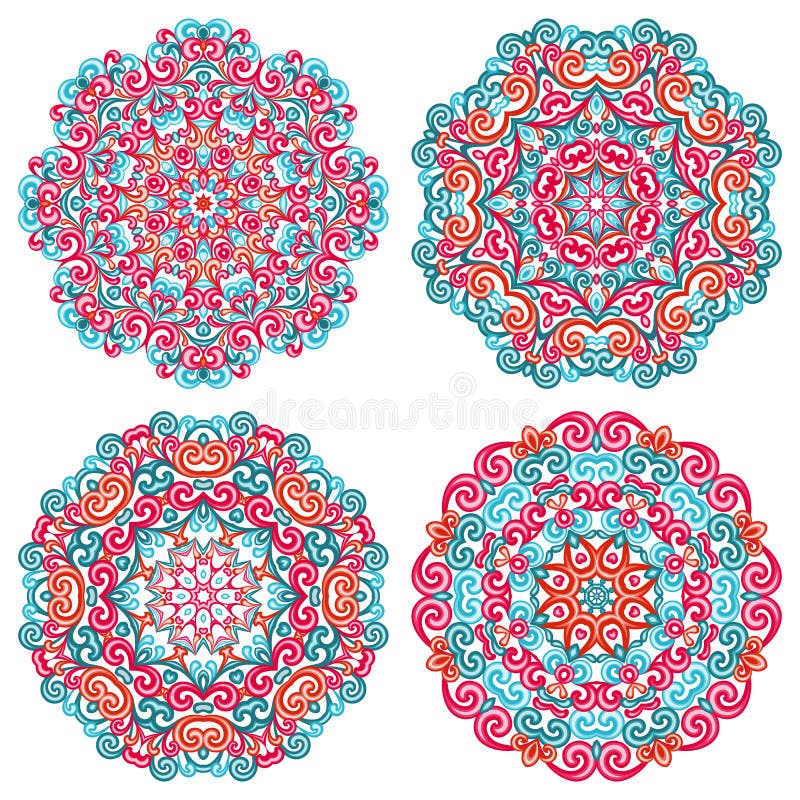 Mandalas coloridas no estilo oriental Grupo de testes padrões étnicos redondos no fundo branco ilustração do vetor Mandalas coloridas no estilo oriental Grupo de testes padrões étnicos redondos no fundo branco ilustração do vetor