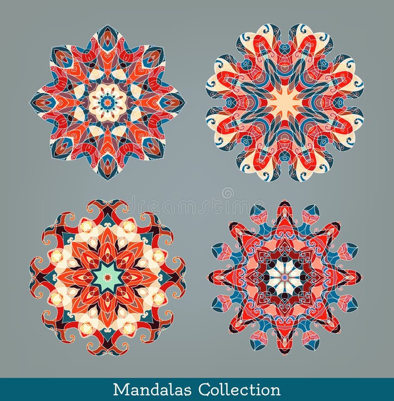 Mandalasuppsättning rund blom- modell stock illustrationer Mandalasuppsättning rund blom- modell stock illustrationer