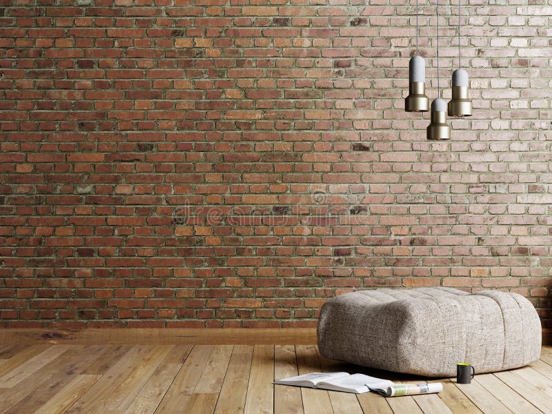 Mandi in aria il salone di stile con l'ottomano beige del tessuto, la lampada inossidabile e la rivista sul fondo rosso mattone v illustrazione di stock