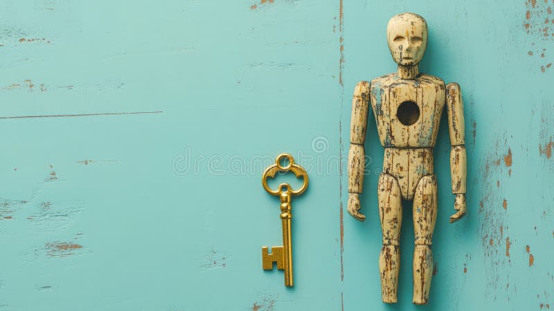 Manechin din lemn și cheie din lemn, pe fond teal rustic. stock image