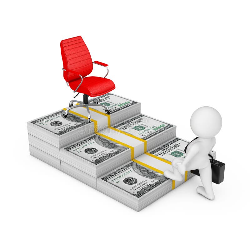Manera al concepto del éxito Hombre de negocios Climbs las escaleras del dinero de los dólares al gran jefe rojo Chair de la carr libre illustration Manera al concepto del éxito Hombre de negocios Climbs las escaleras del dinero de los dólares al gran jefe rojo Chair de la carr libre illustration