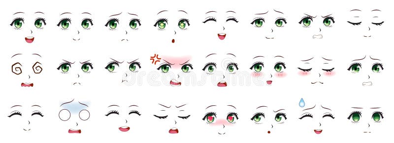 Manga expression. Anime girl facial expressions. Eyes, mouth and nose, eyebrows in japanese style. Manga woman emotions