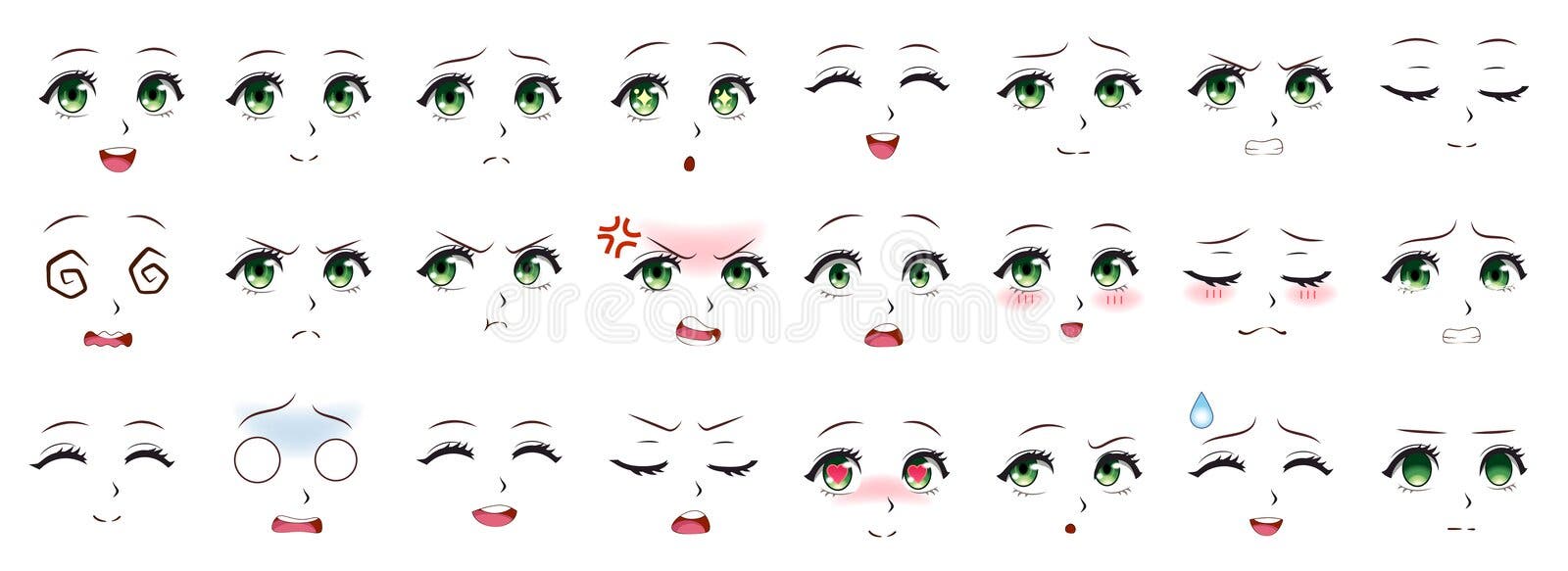 Set of Cartoon Anime Eyes, Anime Style Expressions. Kawaii Cute eyes.  Different Eyes, Joy. Anger. Calmness. Anime girl in Japanese. Anime style,  drawn illustration Set Stock Vector