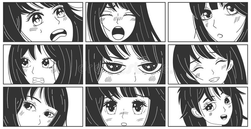 Expressão De Manga Olhos De Menina, Boca, Sobrancelhas Mulheres Caras  Caráter Feminino No Cartoon Japonês Ou Kawaii Coreano Ilustração do Vetor -  Ilustração de felicidade, estilo: 199373707