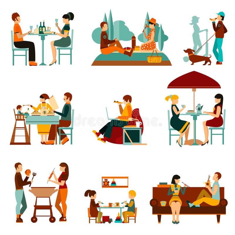 Mangeant des icônes de personnes réglées illustration stock Mangeant des icônes de personnes réglées illustration stock
