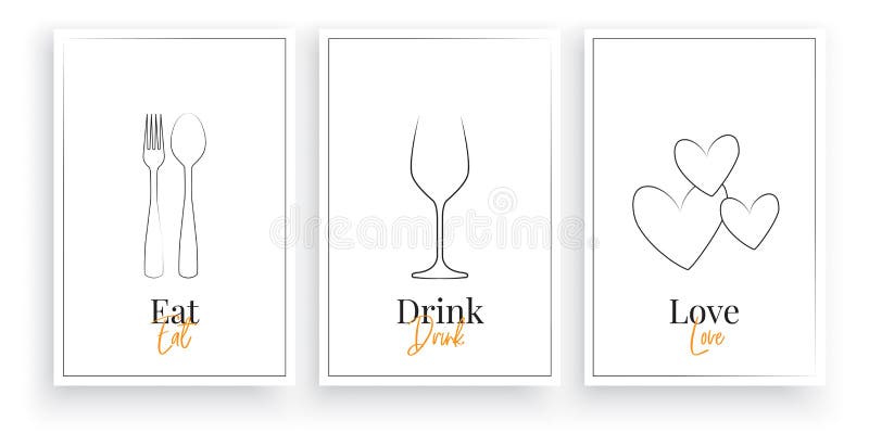 Mangez l'amour de boissons. Design minimaliste scandinave d'art trois morceaux d'affiches de vecteur de conception. Illustration e