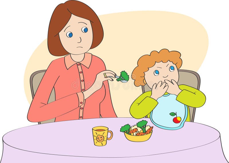 Mother spoon-feeds the child, but child does not want to eat. Mother spoon-feeds the child, but child does not want to eat