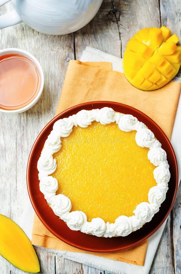 Mango Cheese Cake Decorated with Whipped Cream and Mango Puree Stock Photo Image of cream