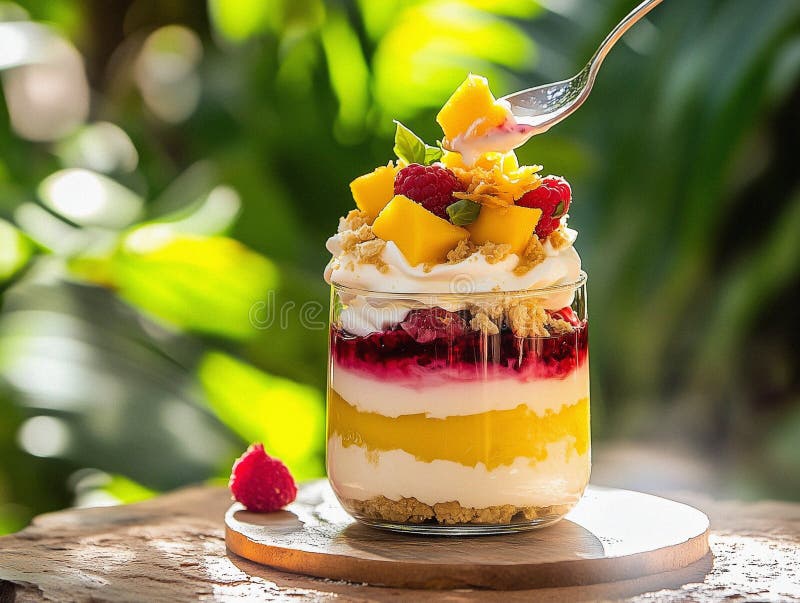 Mango esotico e Parfait di lampone in una vasca di vetro con crema granola Crunchy e erbe fresche su una superficie di legno illum illustrazione vettoriale