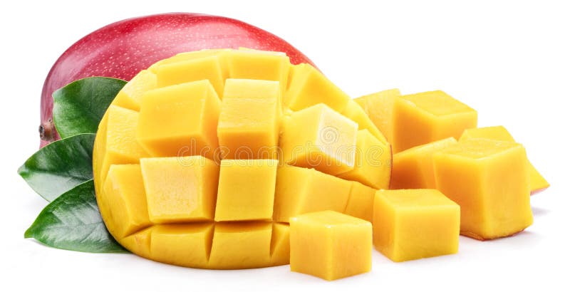 Mango fruit with mango cubes. Isolated on a white background