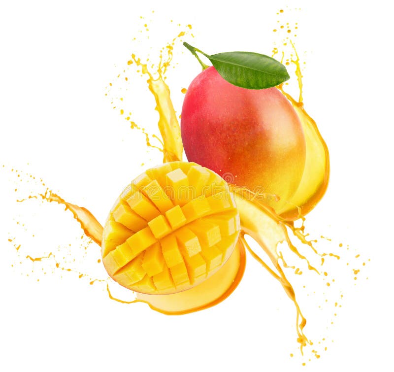Mango i fruktsaftfärgstänk som isoleras på en vit bakgrund