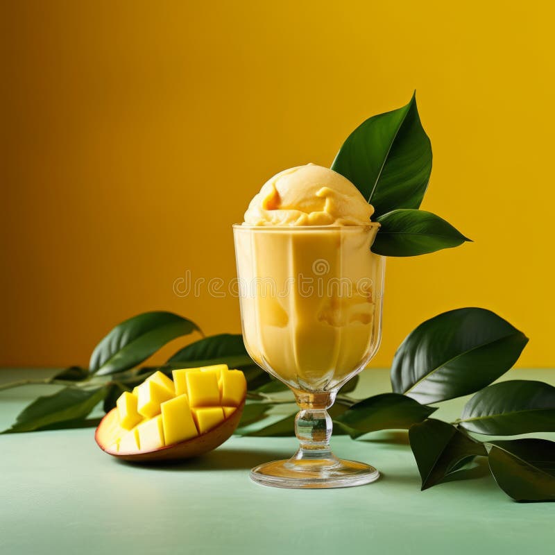 Mango Ice cream in a dessert glass in a studio with a yellow background with mango leaves. Beautiful composition of a fruit ice stock illustration