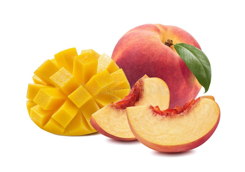 Mango peach whole slices isolated on white background