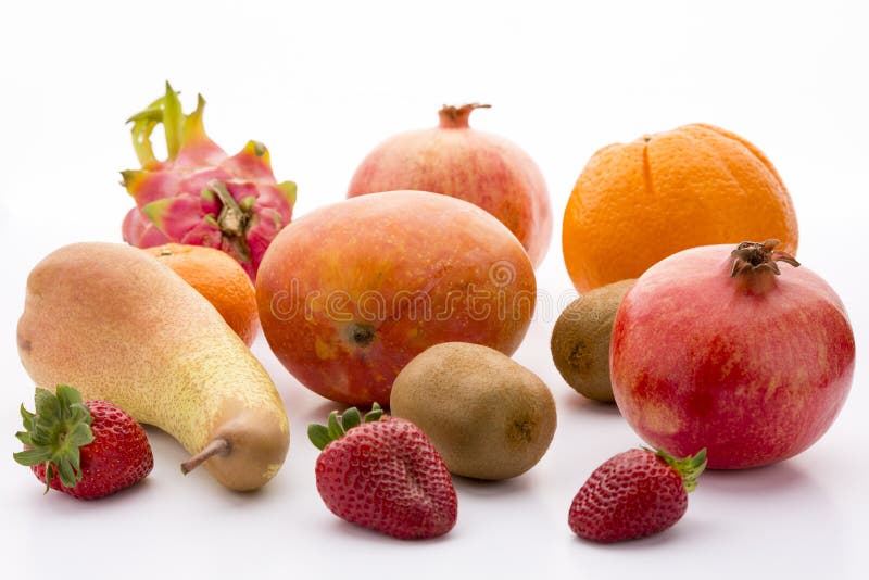 Mango, pomegranate, pitaya, orange, pear, kiwi and royalty free stock photography Mango, pomegranate, pitaya, orange, pear, kiwi and royalty free stock photography