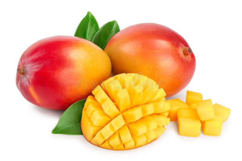 Mangofrukt som är halv med sidor och skivor som isoleras på den vita bakgrundsnärbilden royaltyfria foton Mangofrukt som är halv med sidor och skivor som isoleras på den vita bakgrundsnärbilden royaltyfria foton