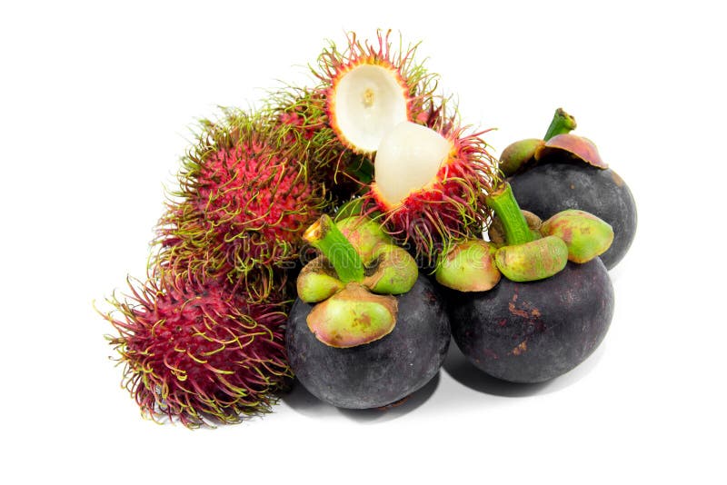 Mangosteen And Rambutan Are One Of Delicious Thai Fruit On White Stock