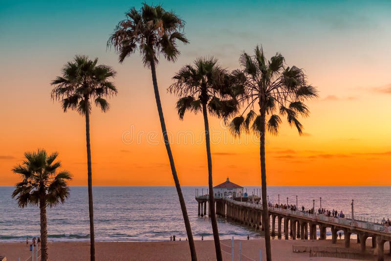 Palm trees and Pier on Manhattan Beach at sunset in California, Los Angeles, USA. Fashion travel and tropical beach concept. Palm trees and Pier on Manhattan Beach at sunset in California, Los Angeles, USA. Fashion travel and tropical beach concept.