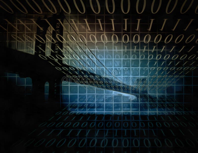Manhattan bridge and binary code stream stock illustration