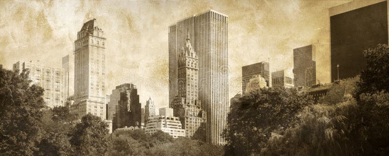 Panoramic view of Manhattan taken from Central Park, on a grunge sepia background. Panoramic view of Manhattan taken from Central Park, on a grunge sepia background.