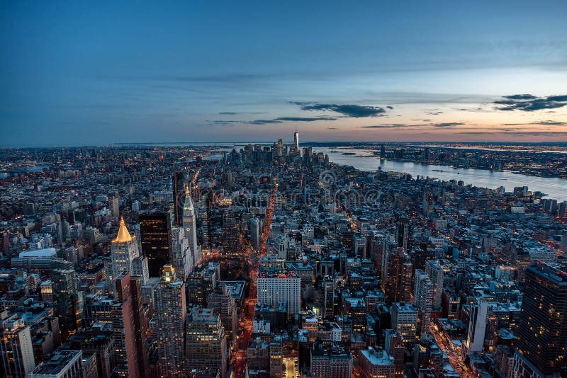 Manhattan Skyline from Above at the Sundown, New York City Stock Photo