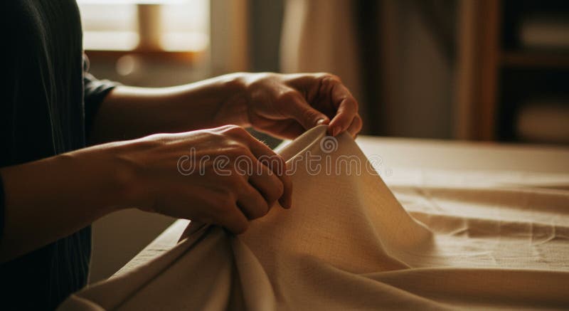 Mani accuratamente maneggiano tessuto beige leggero su un tavolo. La scena appare leggermente illuminata royalty illustrazione gratis
