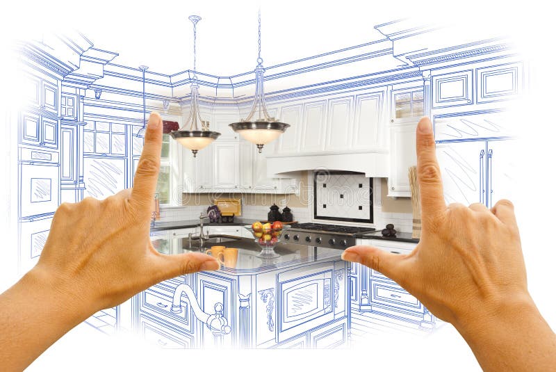 Mani che incorniciano lo schizzo della cucina e foto su ordinazione Combinatio fotografie stock