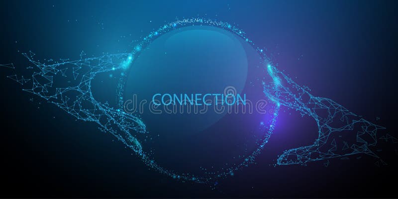 Mani che toccano concetto globale del collegamento Tecnologia futuristica Linee, triangoli e progettazione di stile della partice illustrazione vettoriale Mani che toccano concetto globale del collegamento Tecnologia futuristica Linee, triangoli e progettazione di stile della partice illustrazione vettoriale