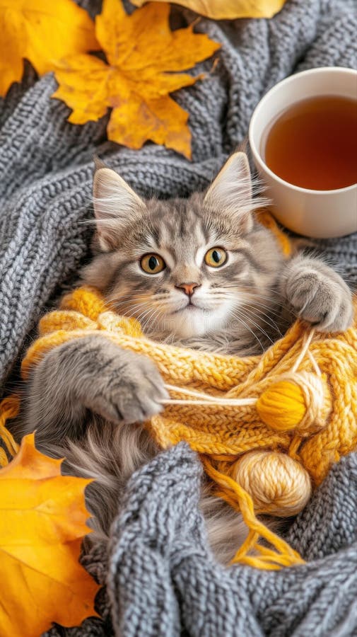 Mani confortevoli a maglia una sciarpa con un gatto giocoso e tè caldo a lume di candela Generative AI. Le mani a maglia creano una sciarpa di lana molle mentre un gatto fluido viene mescolato in filato. Una candela calda e una tazza di tè migliorano l'atmosfera autunnale. Generato dall'AI