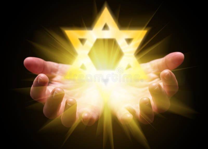 Hands cupped and holding or showing the Star of David. Magen David or Seal of Solomon with bright, glowing, shining light. Concept for Judaism, Jew, Hebrew, Israel, divine or god. Black background. Hands cupped and holding or showing the Star of David. Magen David or Seal of Solomon with bright, glowing, shining light. Concept for Judaism, Jew, Hebrew, Israel, divine or god. Black background