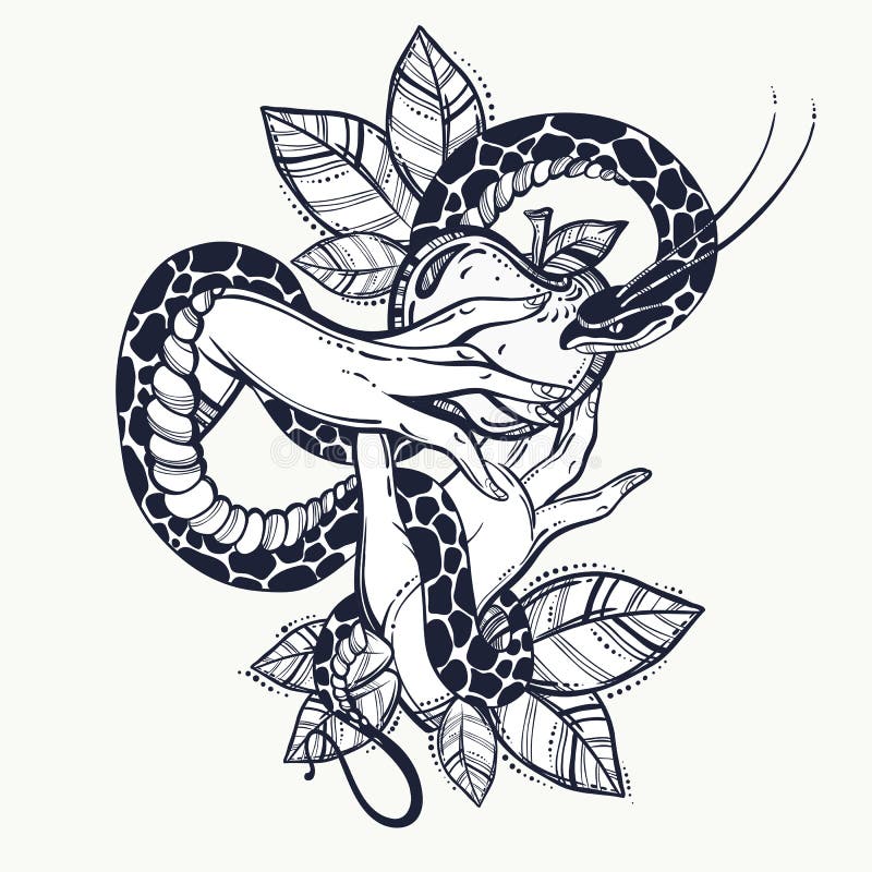 Mani del ` s di EVE con frutta ed il serpente severi Arte disegnata a mano del tatuaggio Elemento di una storia biblica di EVE Ar illustrazione vettoriale Mani del ` s di EVE con frutta ed il serpente severi Arte disegnata a mano del tatuaggio Elemento di una storia biblica di EVE Ar illustrazione vettoriale